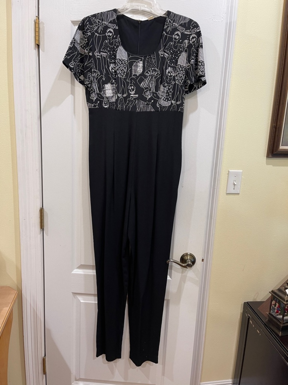 Black Jumpsuit with Monochrome Patterned Bodice, size 6